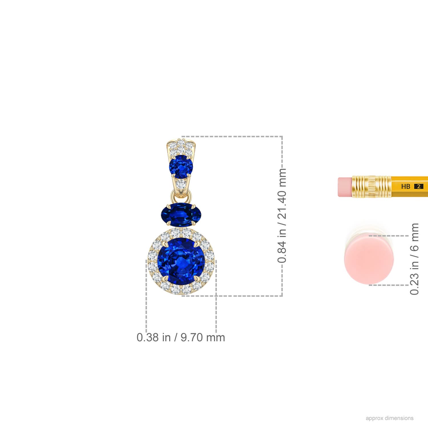 6mm Labgrown Claw Prong Round Lab-Grown Blue Sapphire Halo Drop Pendant in Yellow Gold - ruler