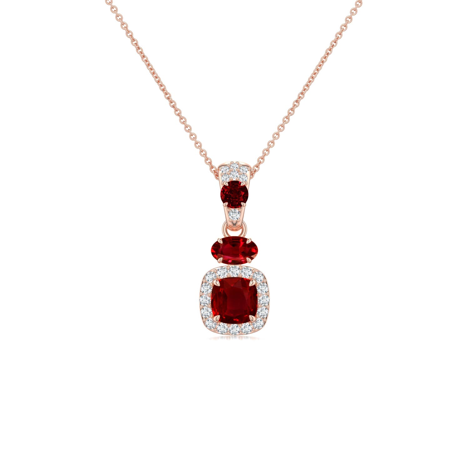 5mm Labgrown Claw Prong Cushion Lab-Grown Ruby Halo Drop Pendant in Rose Gold
