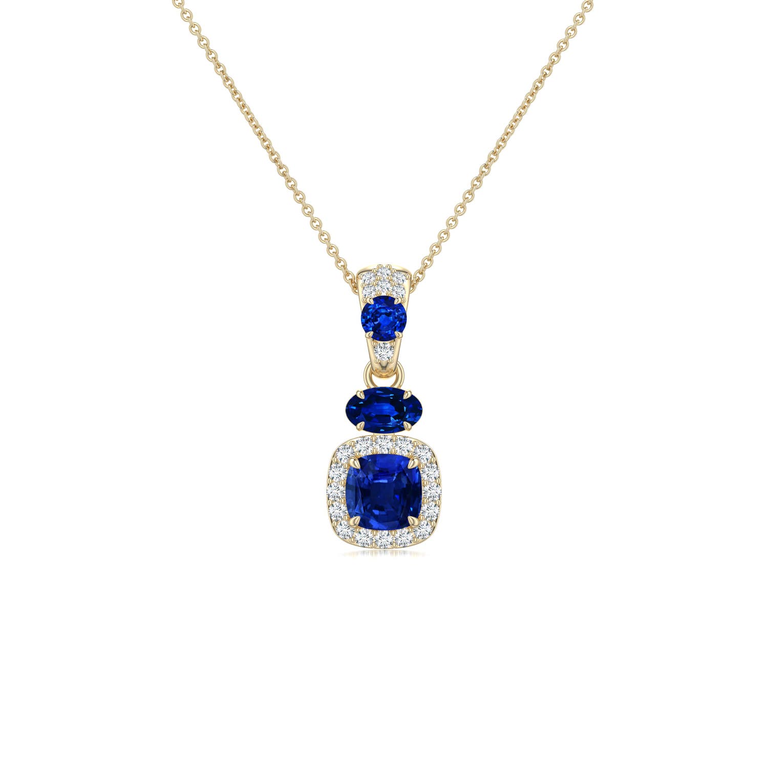 5mm Labgrown Claw Prong Cushion Lab-Grown Blue Sapphire Halo Drop Pendant in Yellow Gold