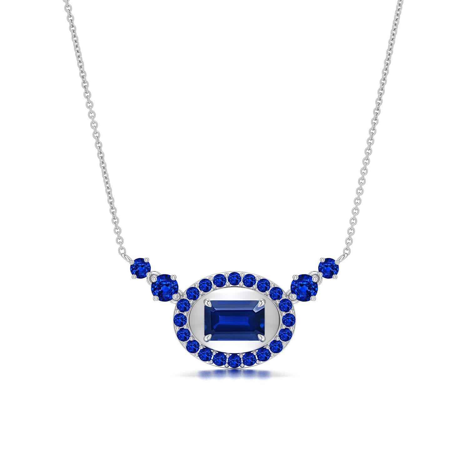 6x4mm Labgrown East-West Emerald-Cut Lab-Grown Blue Sapphire Halo Pendant in White Gold - main