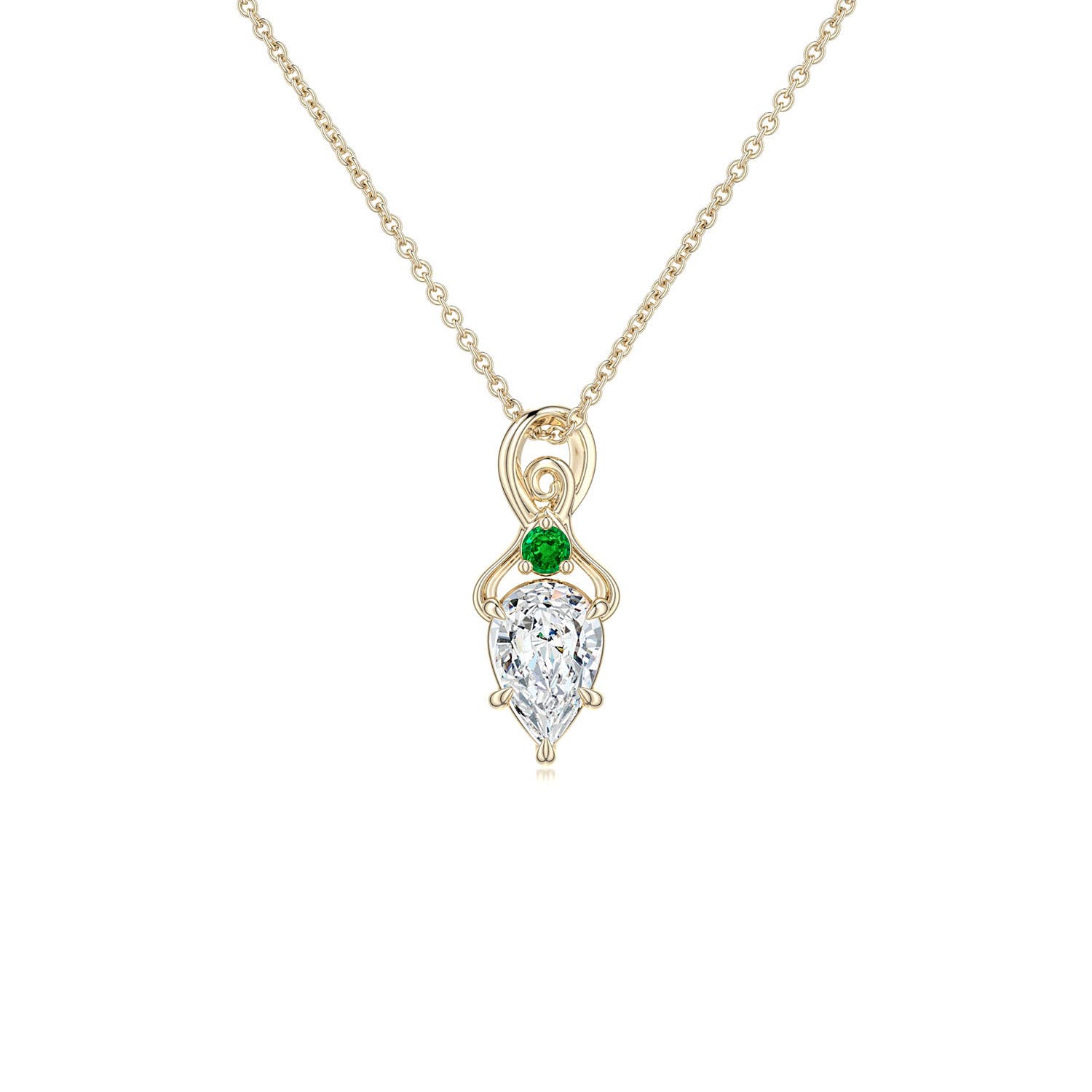 6x4mm FGVS Inverted Pear Lab-Grown Diamond Swirl Pendant with Emerald Accent in 18K Yellow Gold