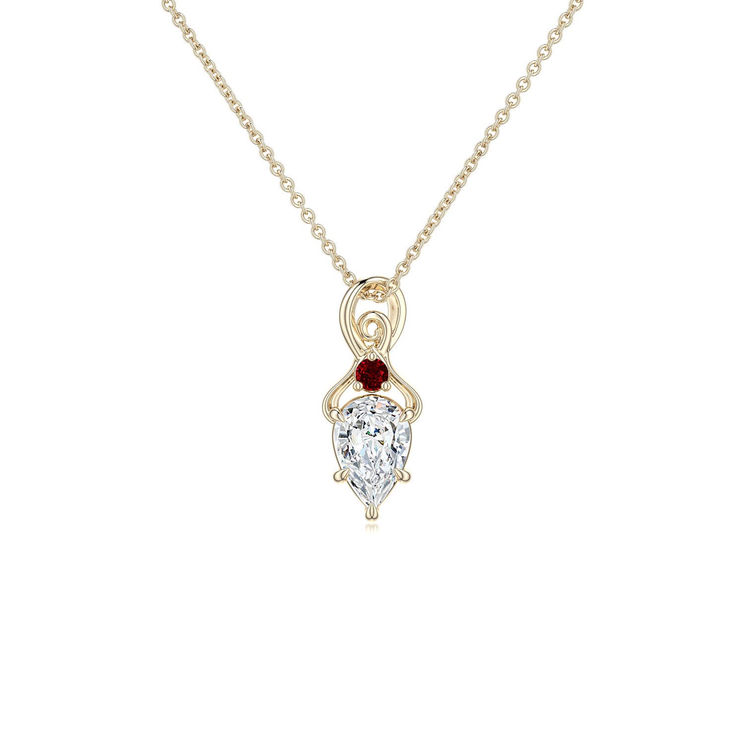 6x4mm FGVS Inverted Pear Lab-Grown Diamond Swirl Pendant with Ruby Accent in 18K Yellow Gold