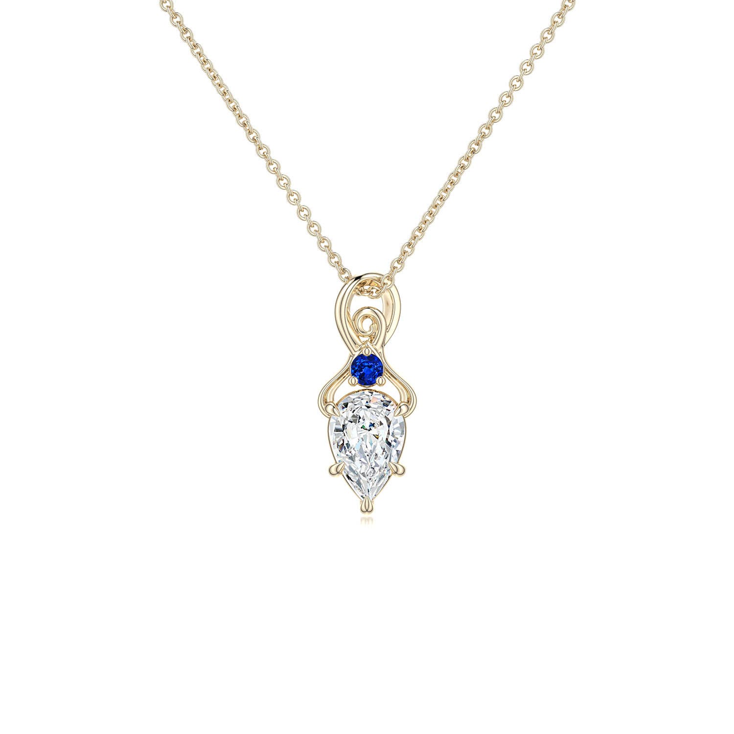 6x4mm FGVS Inverted Pear Lab-Grown Diamond Swirl Pendant with Blue Sapphire Accent in 18K Yellow Gold