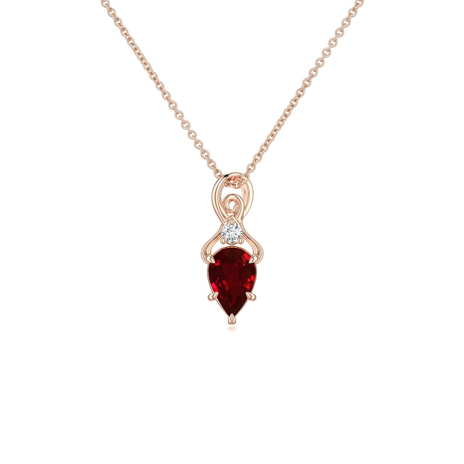 6x4mm Labgrown Inverted Pear Lab-Grown Ruby Swirl Pendant with Diamond Accent in Rose Gold
