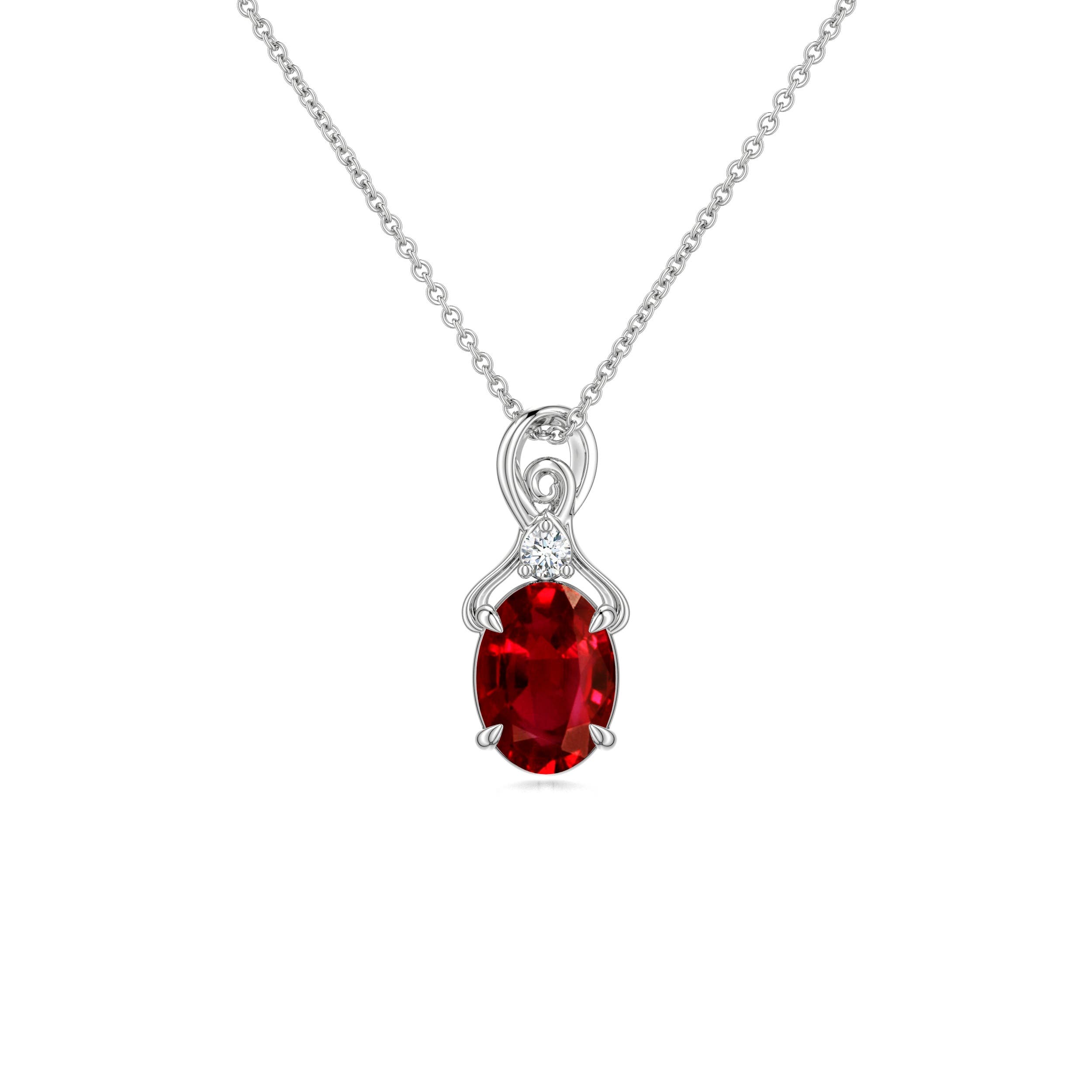 7x5mm Labgrown Oval Lab-Grown Ruby Swirl Pendant with Diamond Accent in 18K White Gold