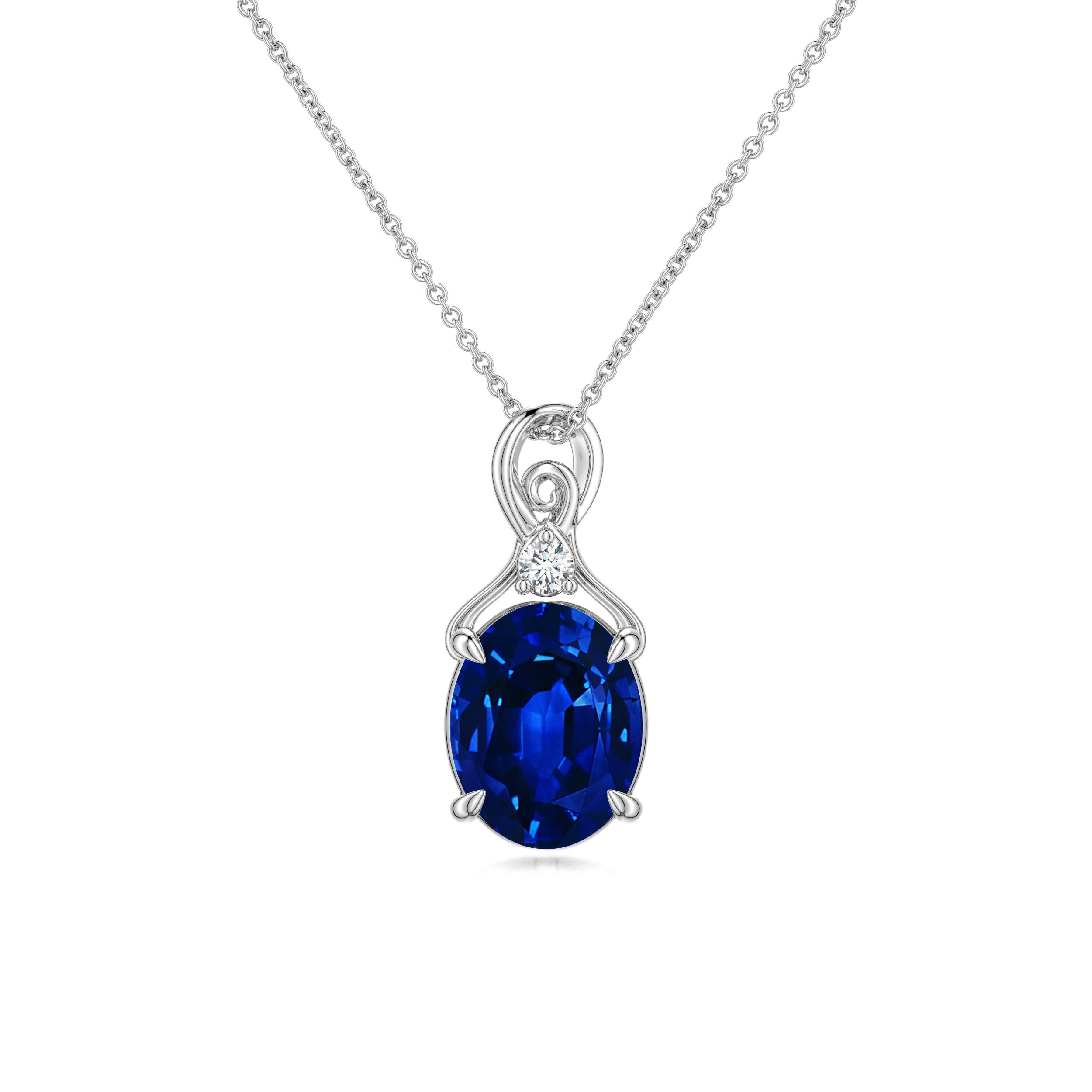 9x7mm Labgrown Oval Lab-Grown Blue Sapphire Swirl Pendant with Diamond Accent in White Gold