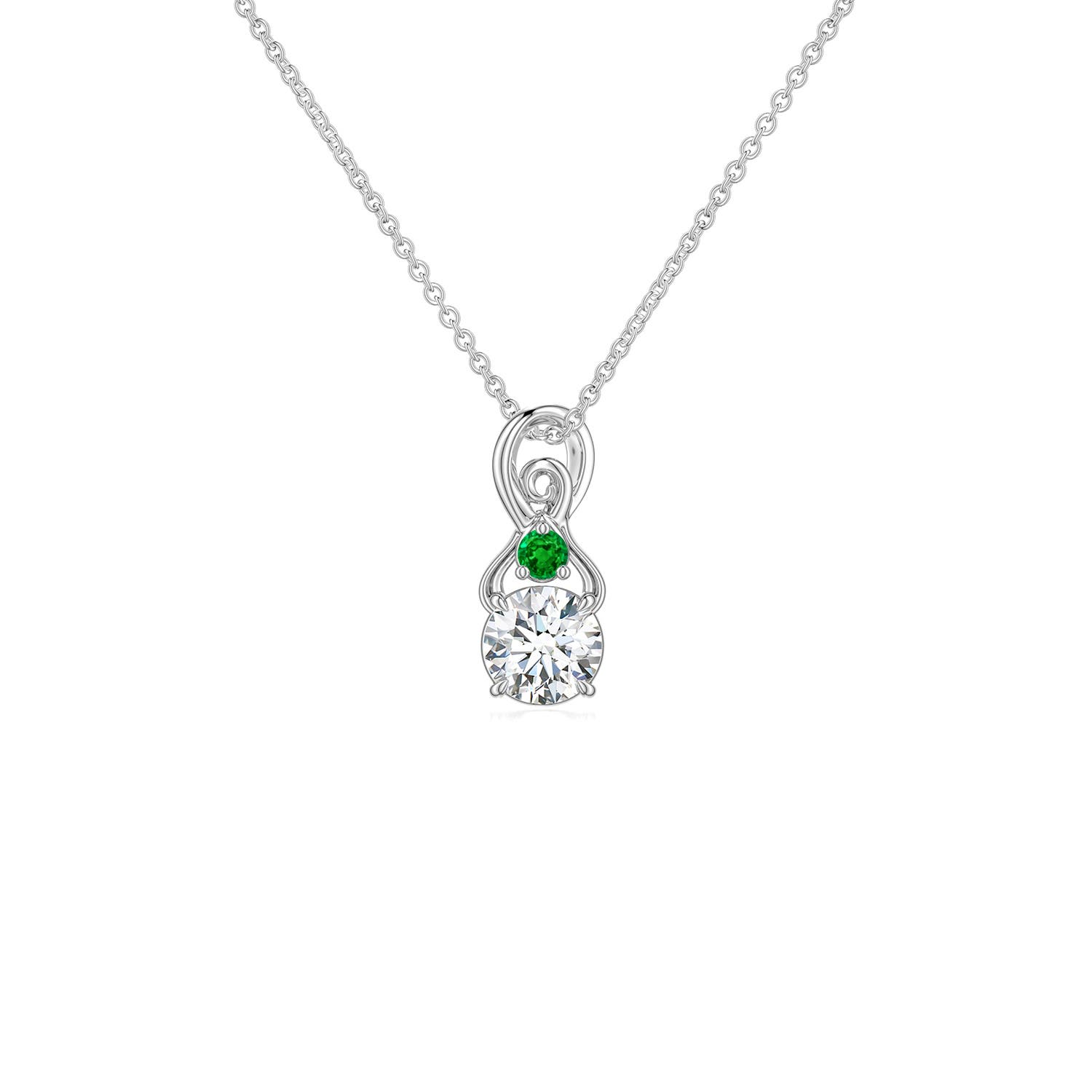 4mm FGVS Round Lab-Grown Diamond Swirl Pendant with Emerald Accent in 18K White Gold