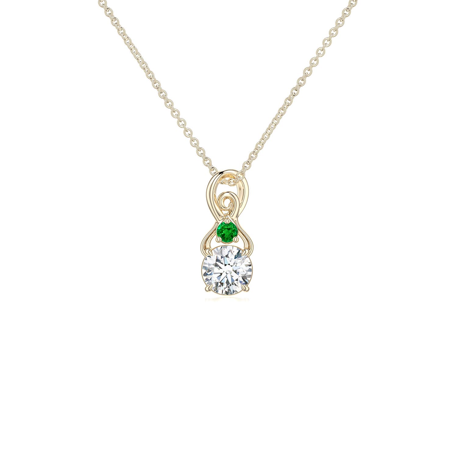 4mm FGVS Round Lab-Grown Diamond Swirl Pendant with Emerald Accent in 18K Yellow Gold