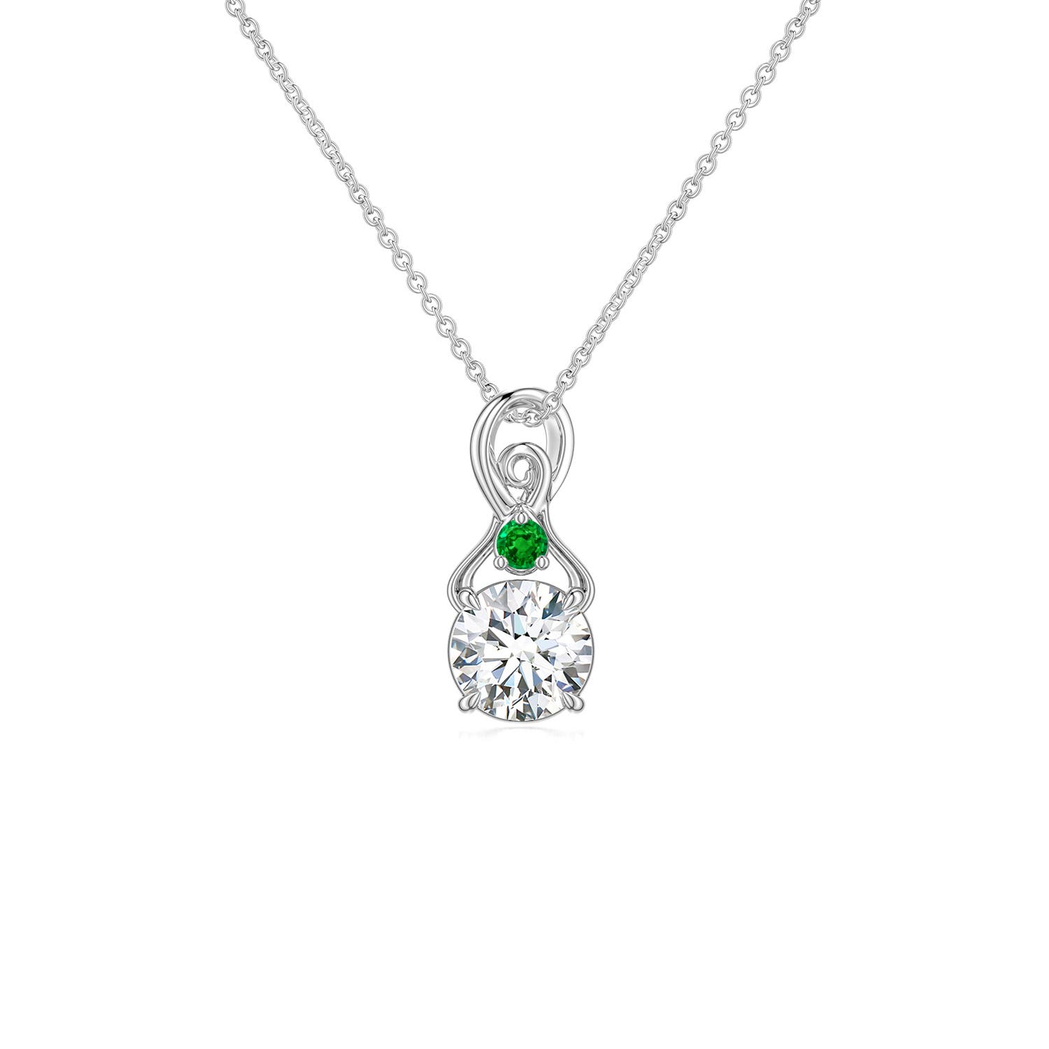 5mm FGVS Round Lab-Grown Diamond Swirl Pendant with Emerald Accent in 18K White Gold