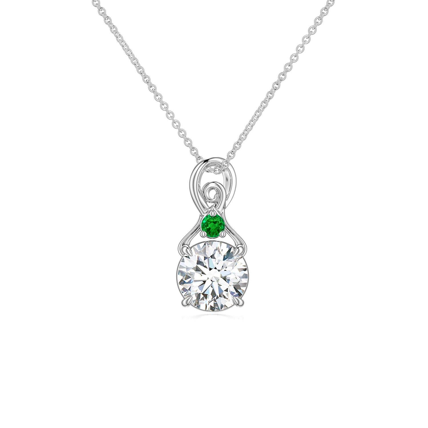 6mm FGVS Round Lab-Grown Diamond Swirl Pendant with Emerald Accent in 18K White Gold