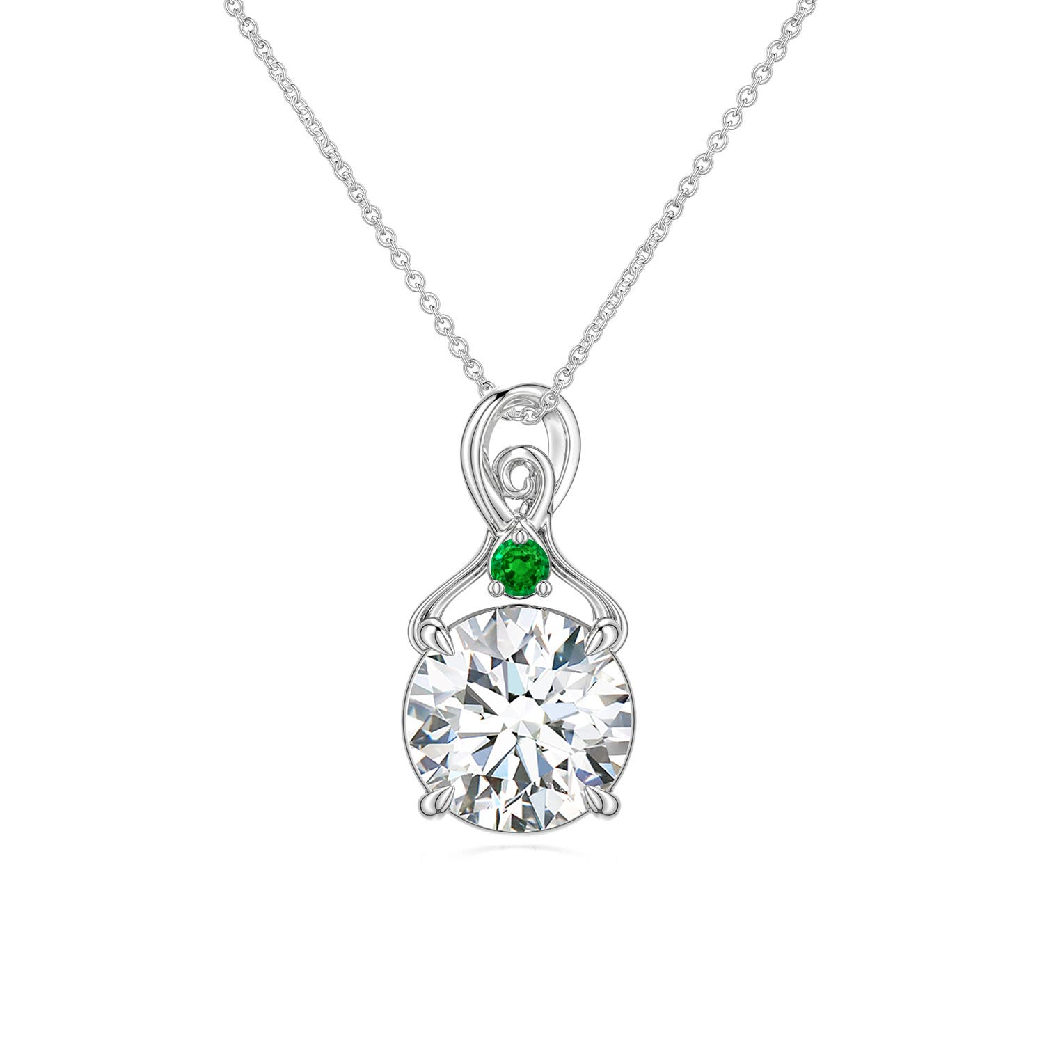 8mm FGVS Round Lab-Grown Diamond Swirl Pendant with Emerald Accent in White Gold