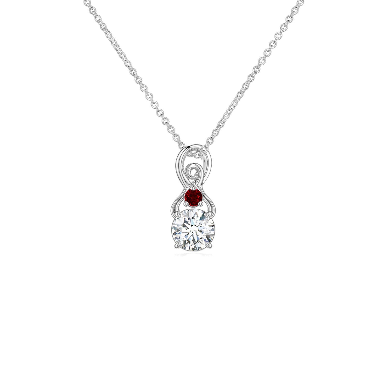4mm FGVS Round Lab-Grown Diamond Swirl Pendant with Ruby Accent in 18K White Gold