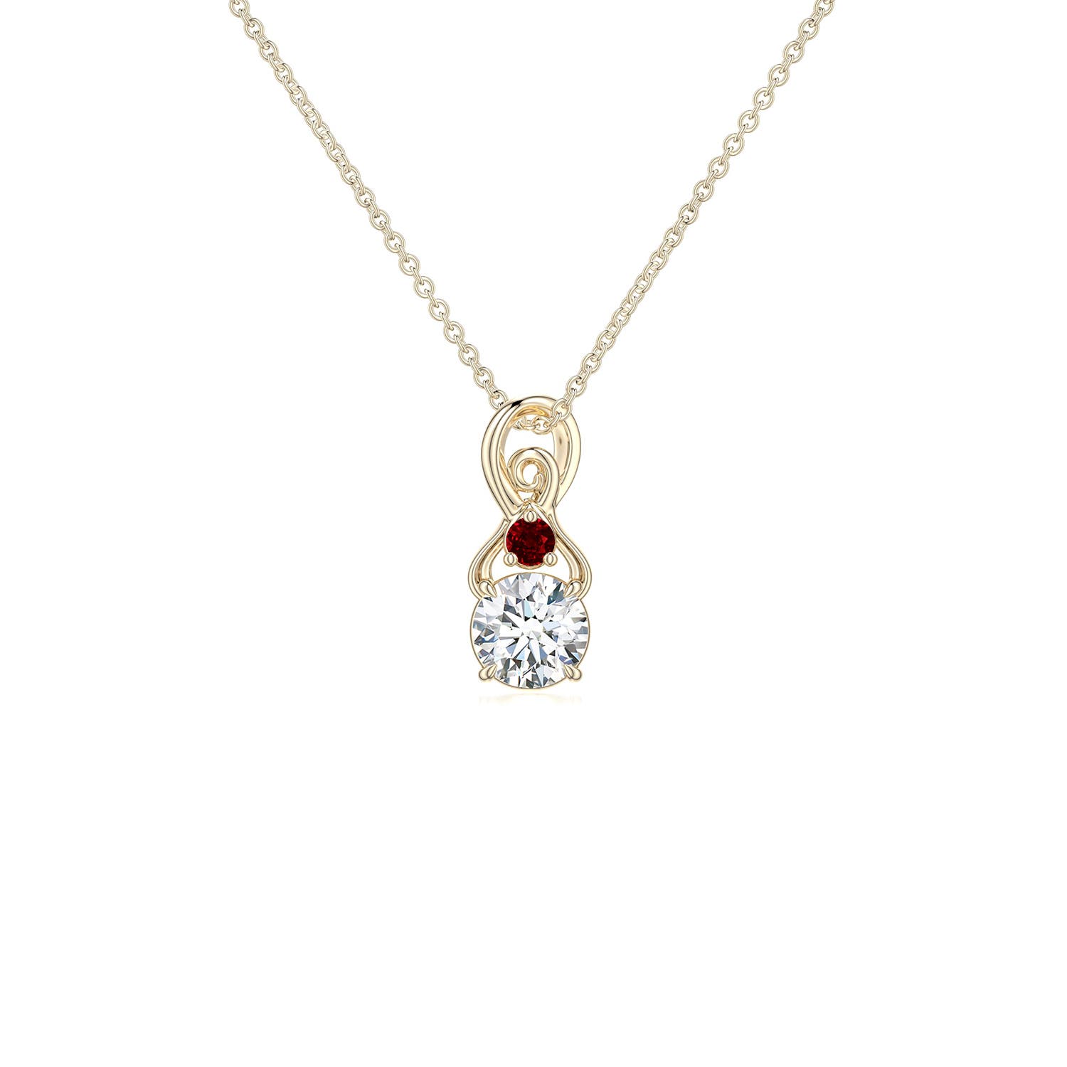 4mm FGVS Round Lab-Grown Diamond Swirl Pendant with Ruby Accent in 18K Yellow Gold