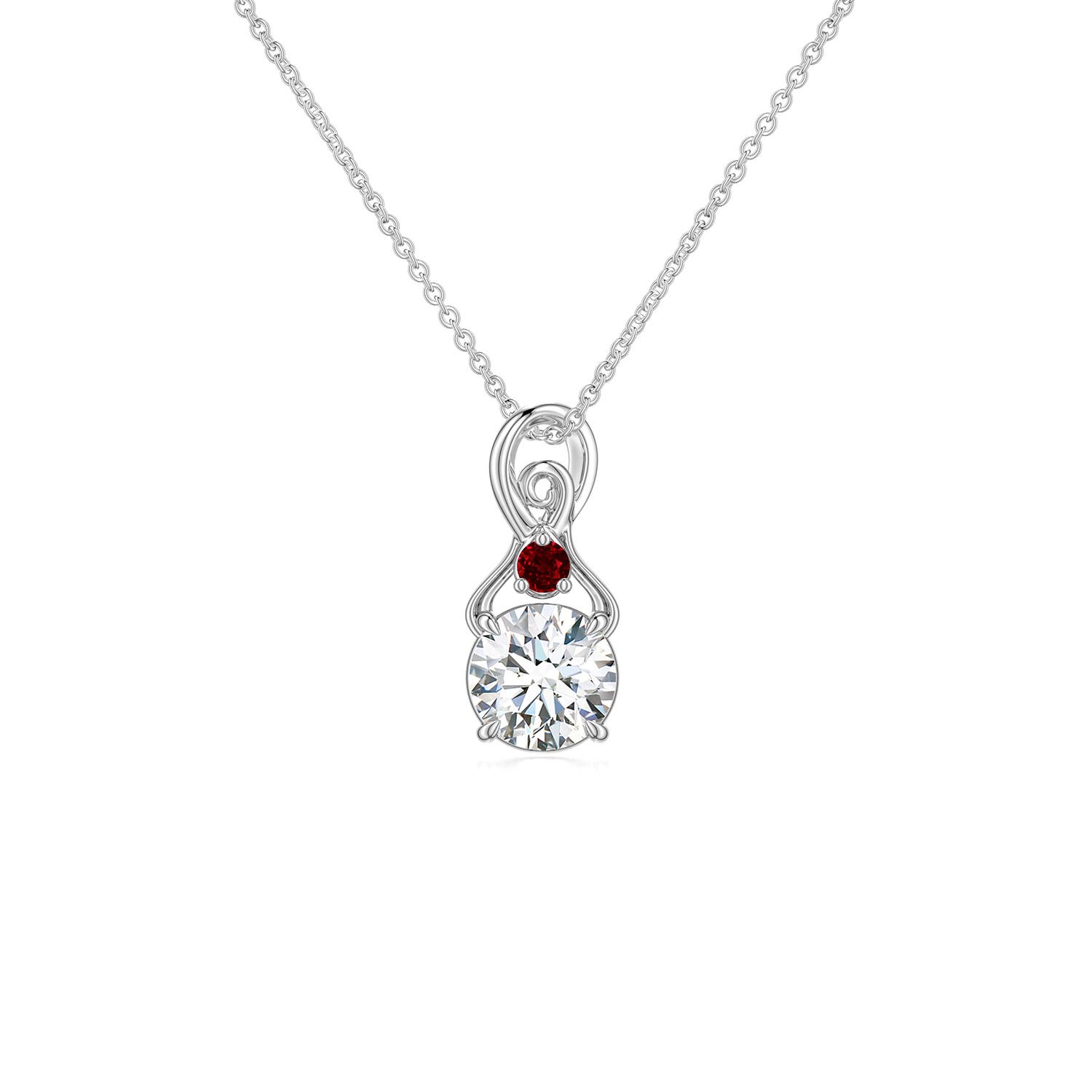 5mm FGVS Round Lab-Grown Diamond Swirl Pendant with Ruby Accent in 18K White Gold