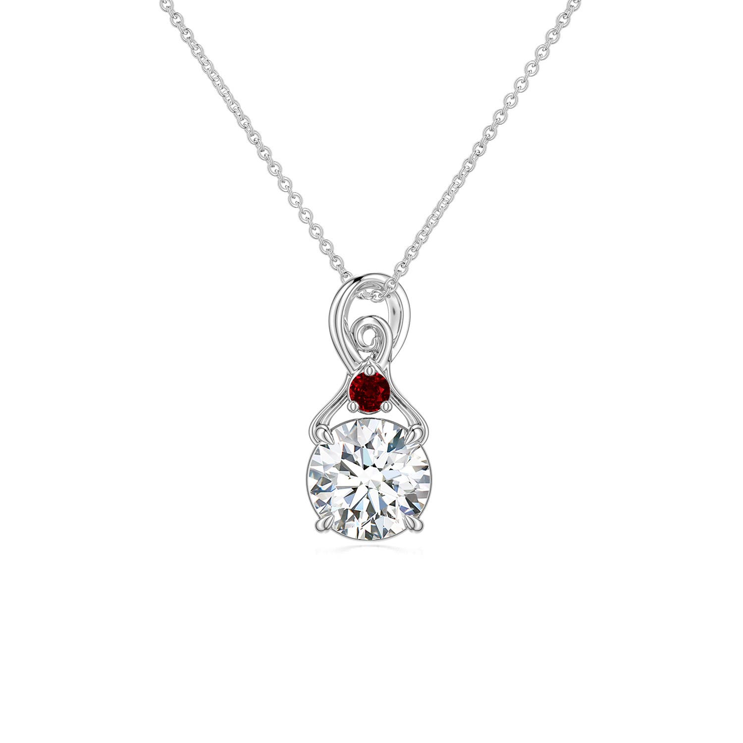 6mm FGVS Round Lab-Grown Diamond Swirl Pendant with Ruby Accent in 18K White Gold