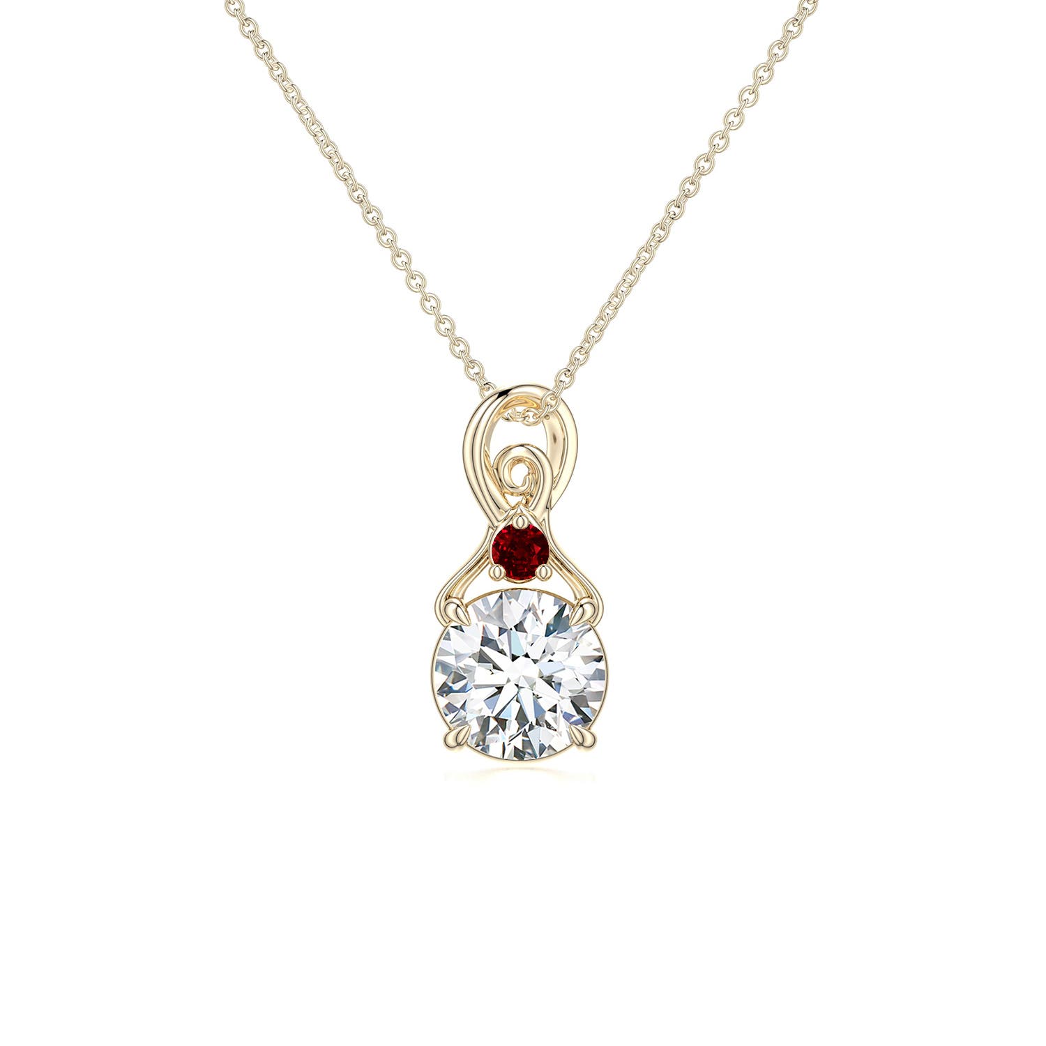6mm FGVS Round Lab-Grown Diamond Swirl Pendant with Ruby Accent in 18K Yellow Gold