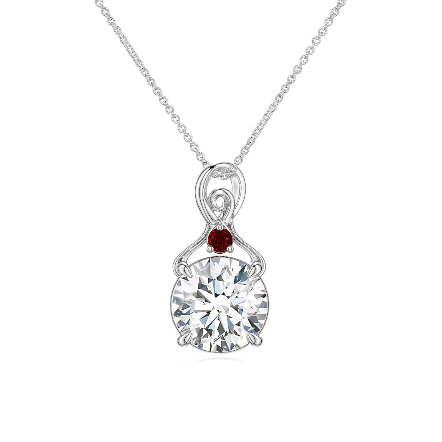8mm FGVS Round Lab-Grown Diamond Swirl Pendant with Ruby Accent in White Gold