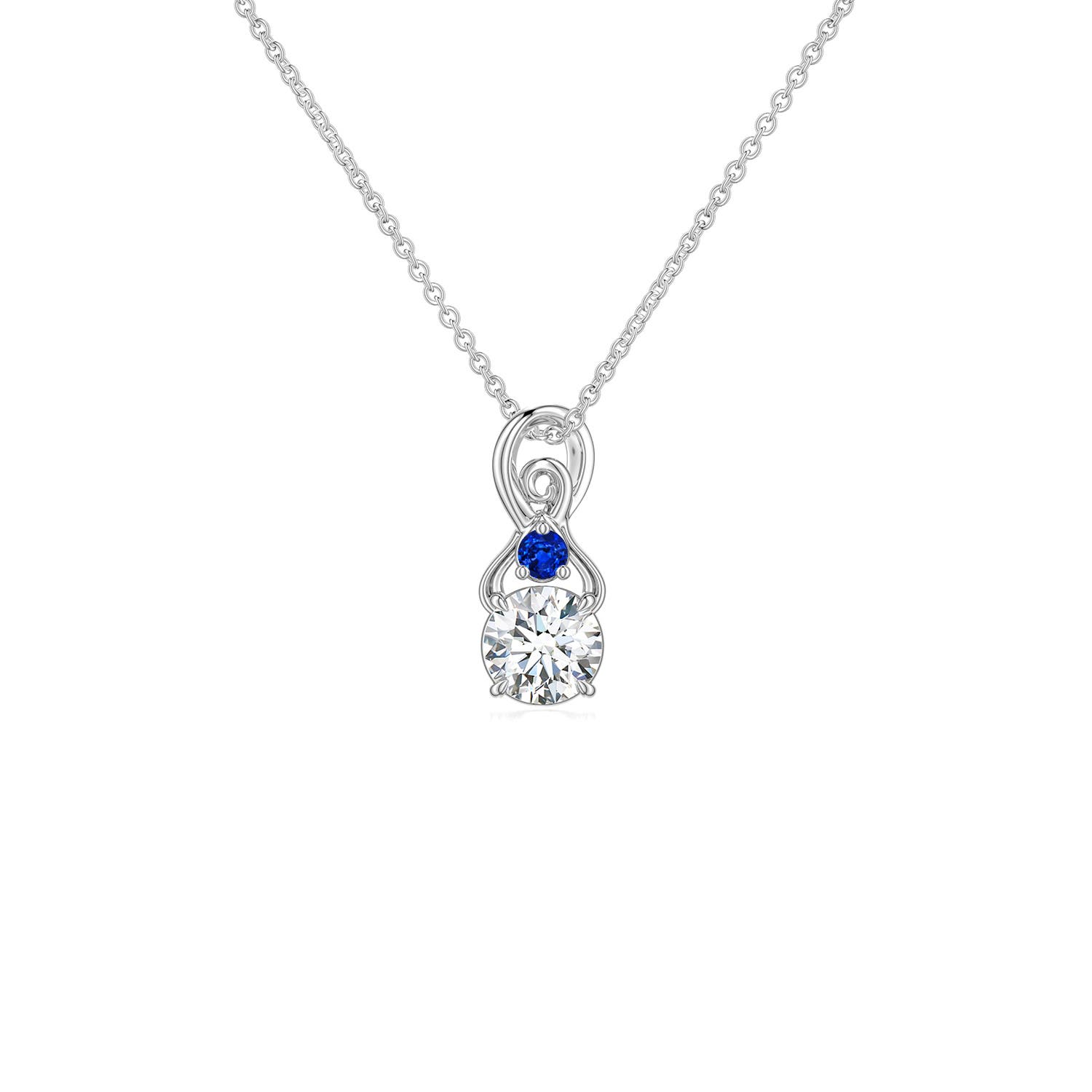 4mm FGVS Round Lab-Grown Diamond Swirl Pendant with Blue Sapphire Accent in 18K White Gold