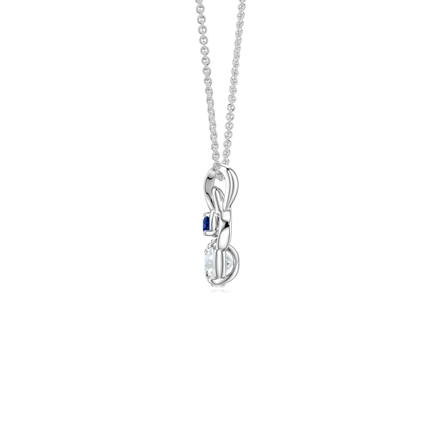 4mm FGVS Round Lab-Grown Diamond Swirl Pendant with Blue Sapphire Accent in 18K White Gold