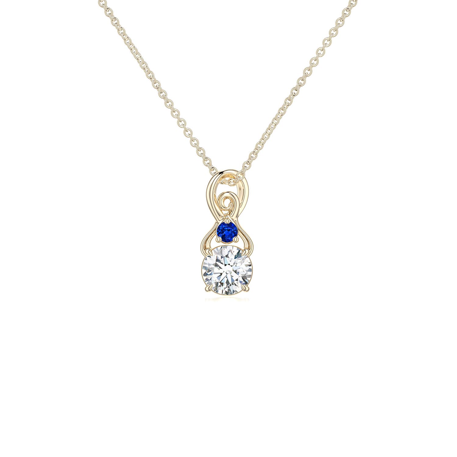 4mm FGVS Round Lab-Grown Diamond Swirl Pendant with Blue Sapphire Accent in 18K Yellow Gold