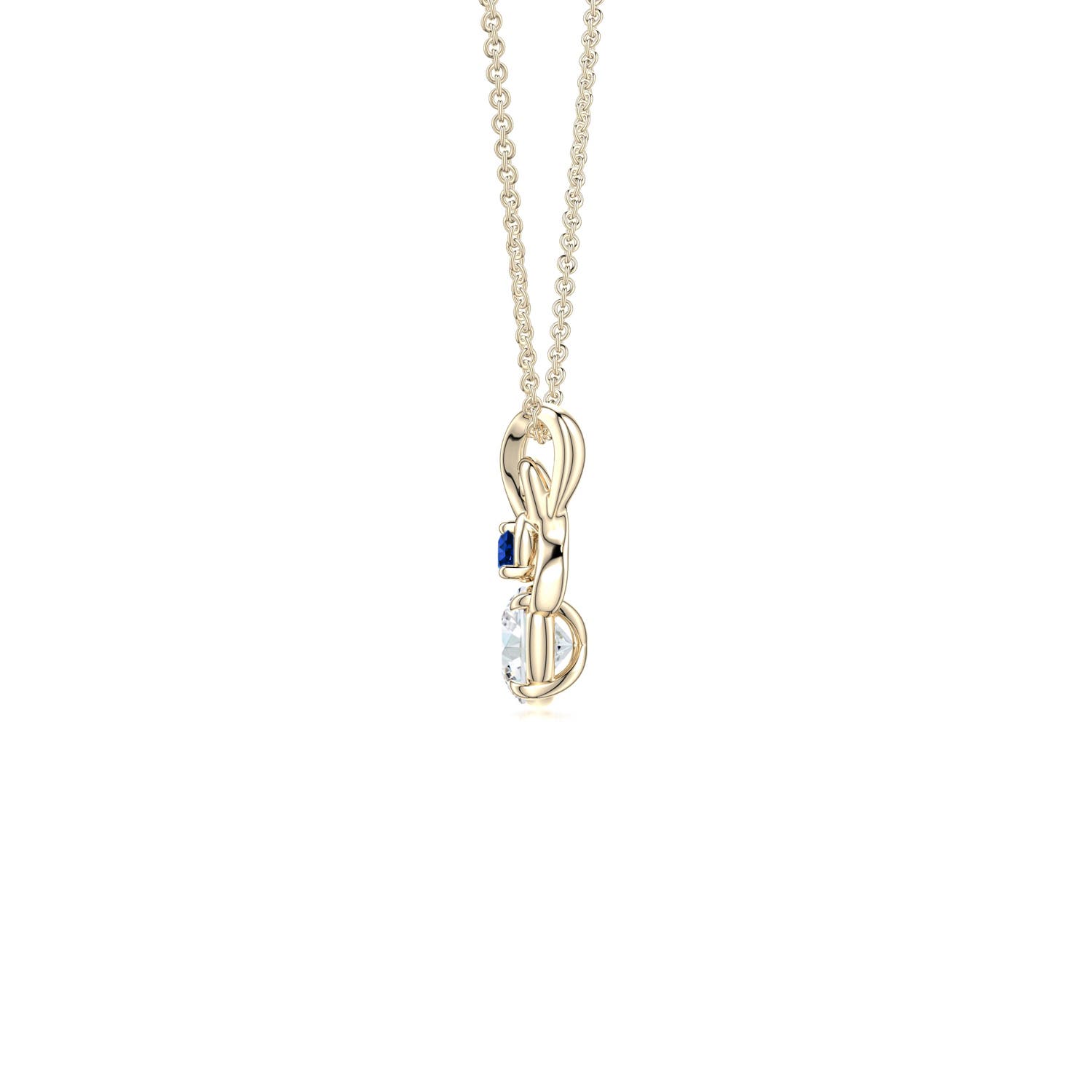 4mm FGVS Round Lab-Grown Diamond Swirl Pendant with Blue Sapphire Accent in 18K Yellow Gold