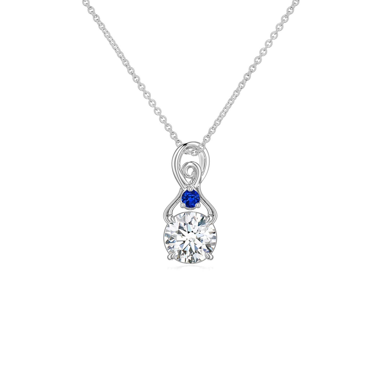 5mm FGVS Round Lab-Grown Diamond Swirl Pendant with Blue Sapphire Accent in 18K White Gold