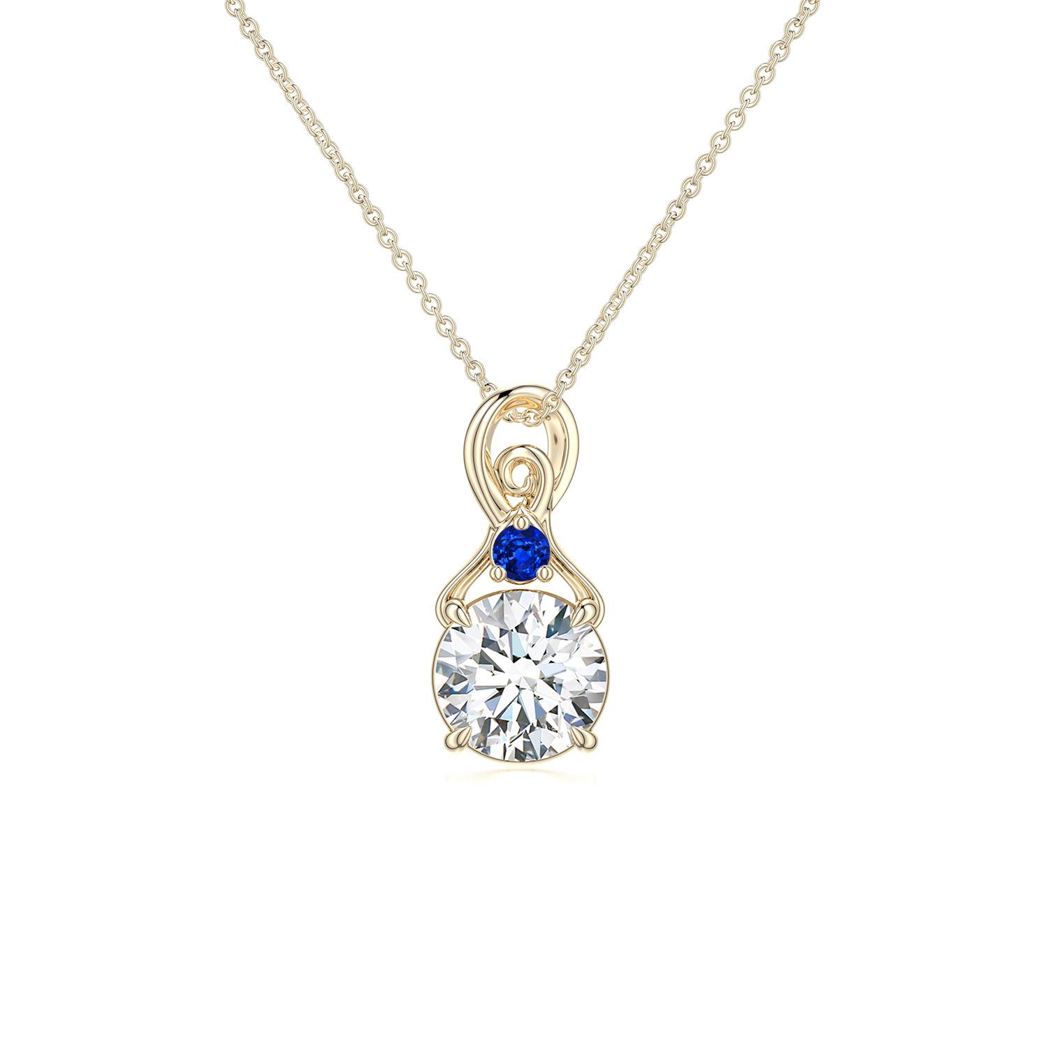 6mm FGVS Round Lab-Grown Diamond Swirl Pendant with Blue Sapphire Accent in 18K Yellow Gold