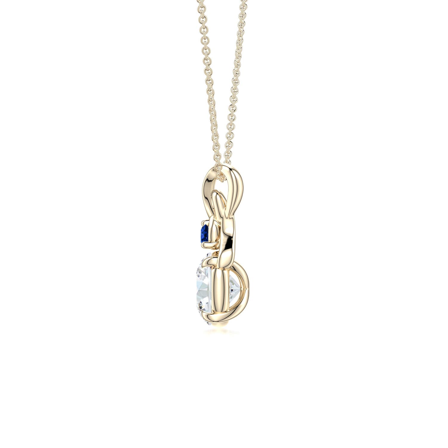 6mm FGVS Round Lab-Grown Diamond Swirl Pendant with Blue Sapphire Accent in 18K Yellow Gold
