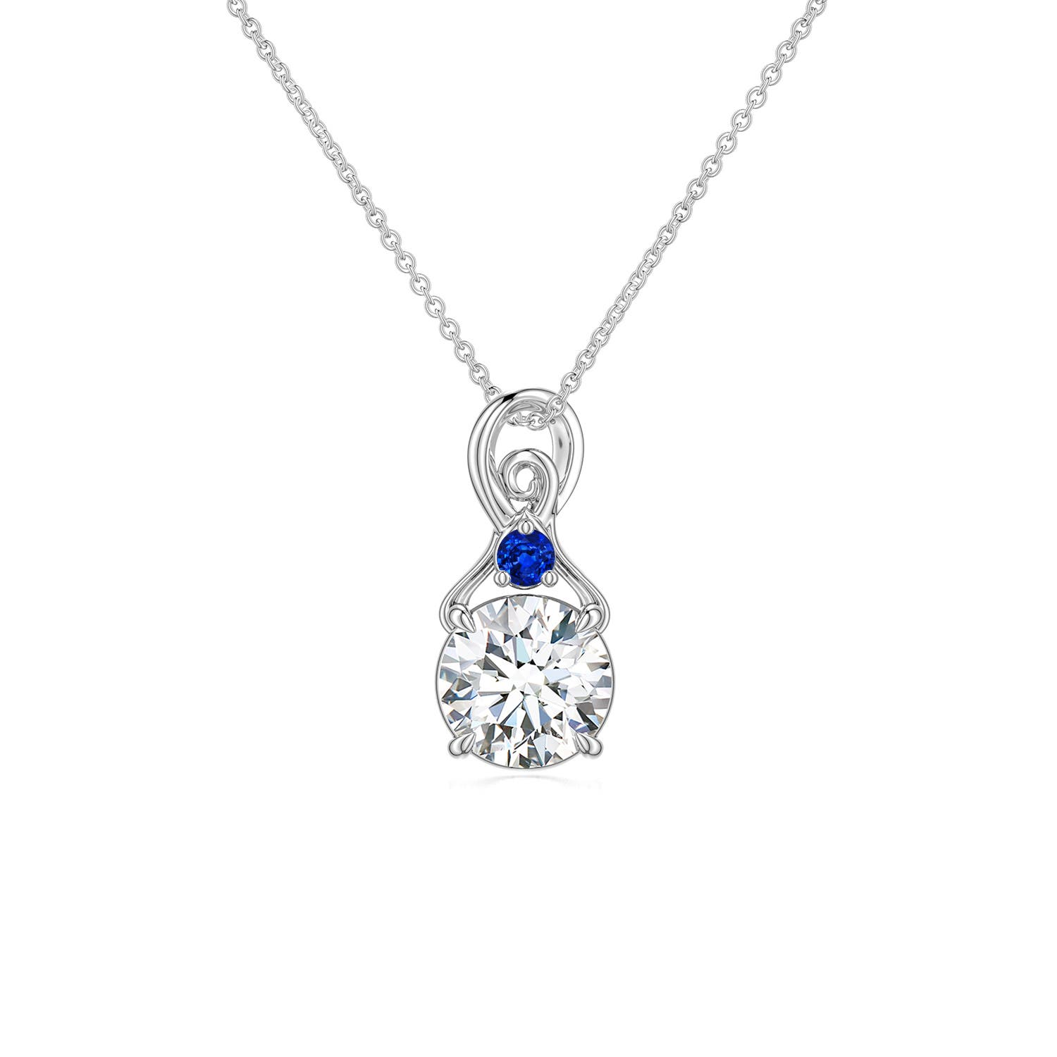 6mm FGVS Round Lab-Grown Diamond Swirl Pendant with Blue Sapphire Accent in White Gold