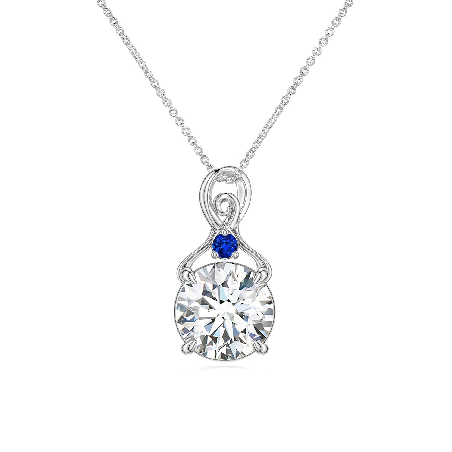 8mm FGVS Round Lab-Grown Diamond Swirl Pendant with Blue Sapphire Accent in White Gold