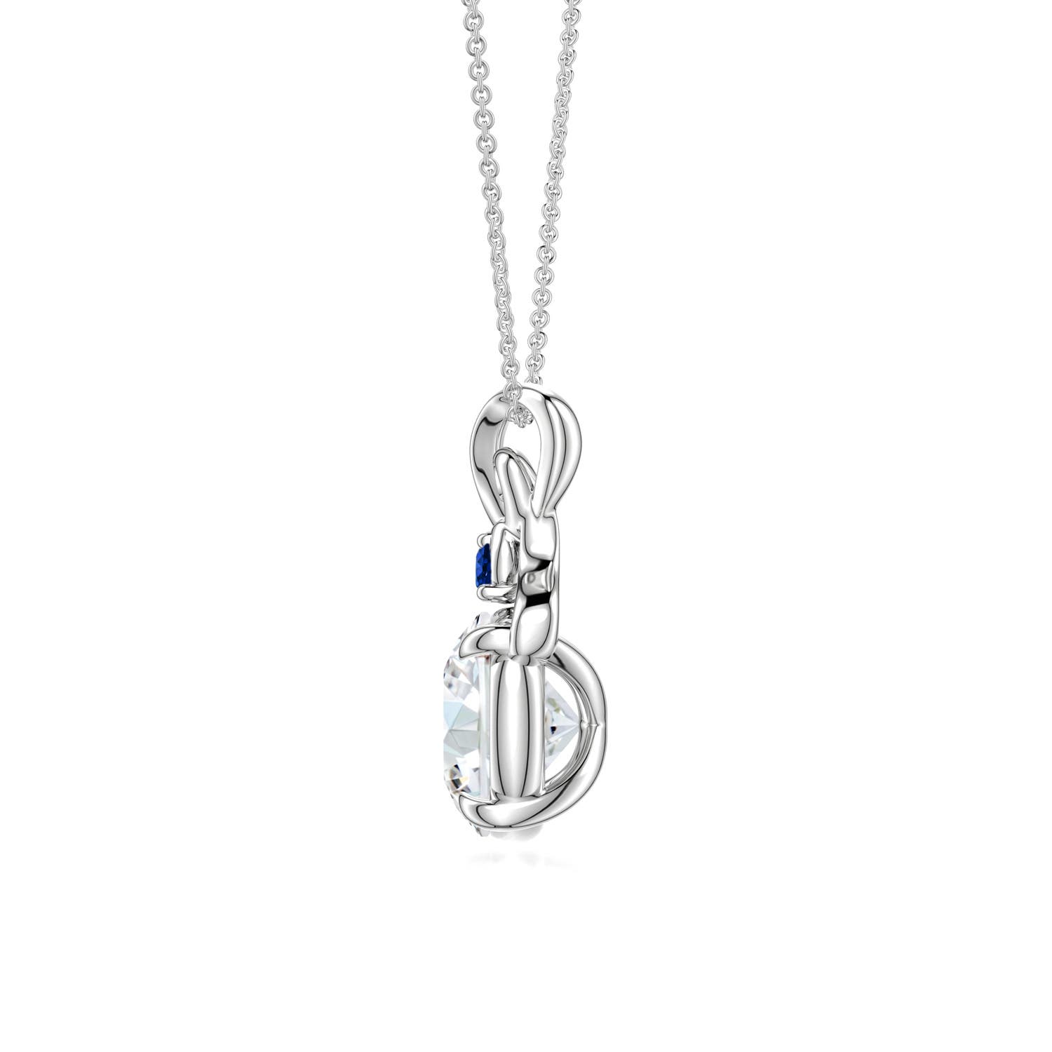 8mm FGVS Round Lab-Grown Diamond Swirl Pendant with Blue Sapphire Accent in White Gold