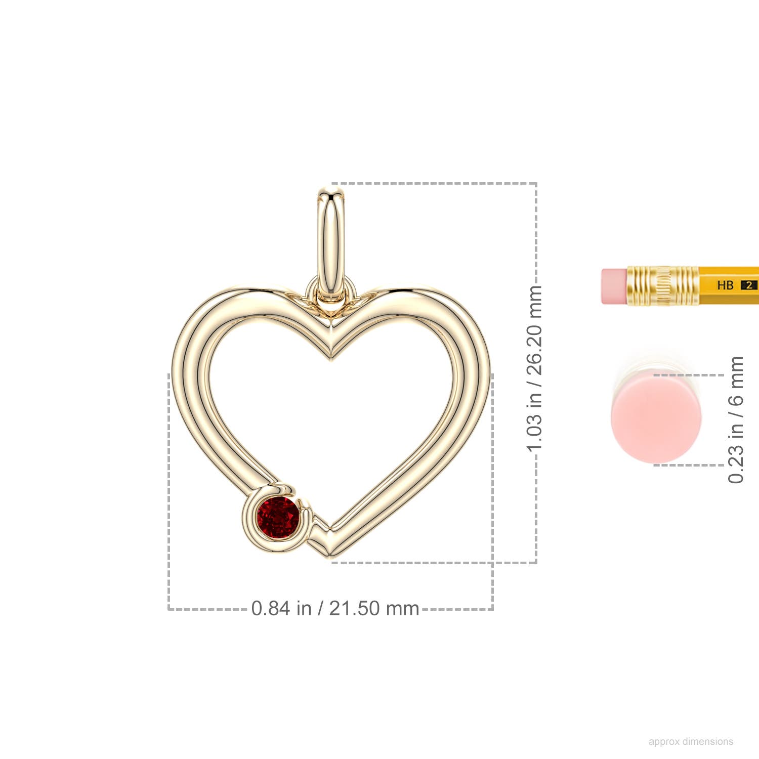 3mm Labgrown Offset Lab-Grown Ruby Open Heart Pendant in Yellow Gold - ruler