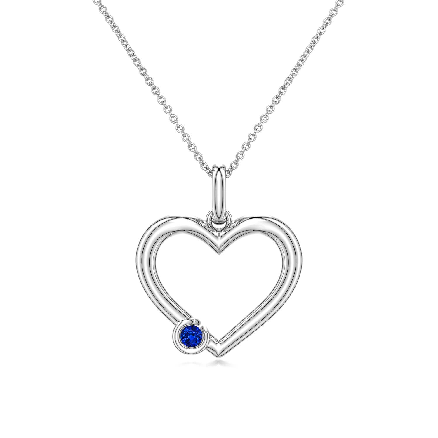 3mm Labgrown Offset Lab-Grown Blue Sapphire Open Heart Pendant in White Gold