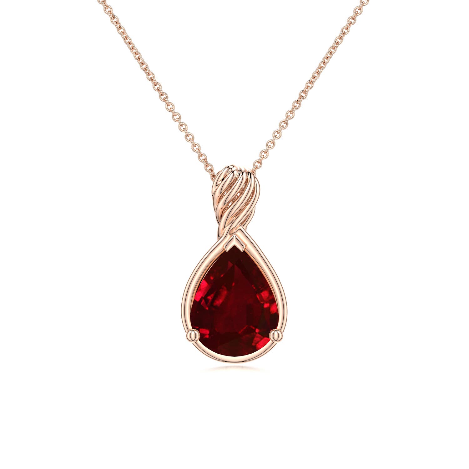 9x7mm Labgrown Pear Lab-Grown Ruby Twisted Frame Infinity Pendant in Rose Gold