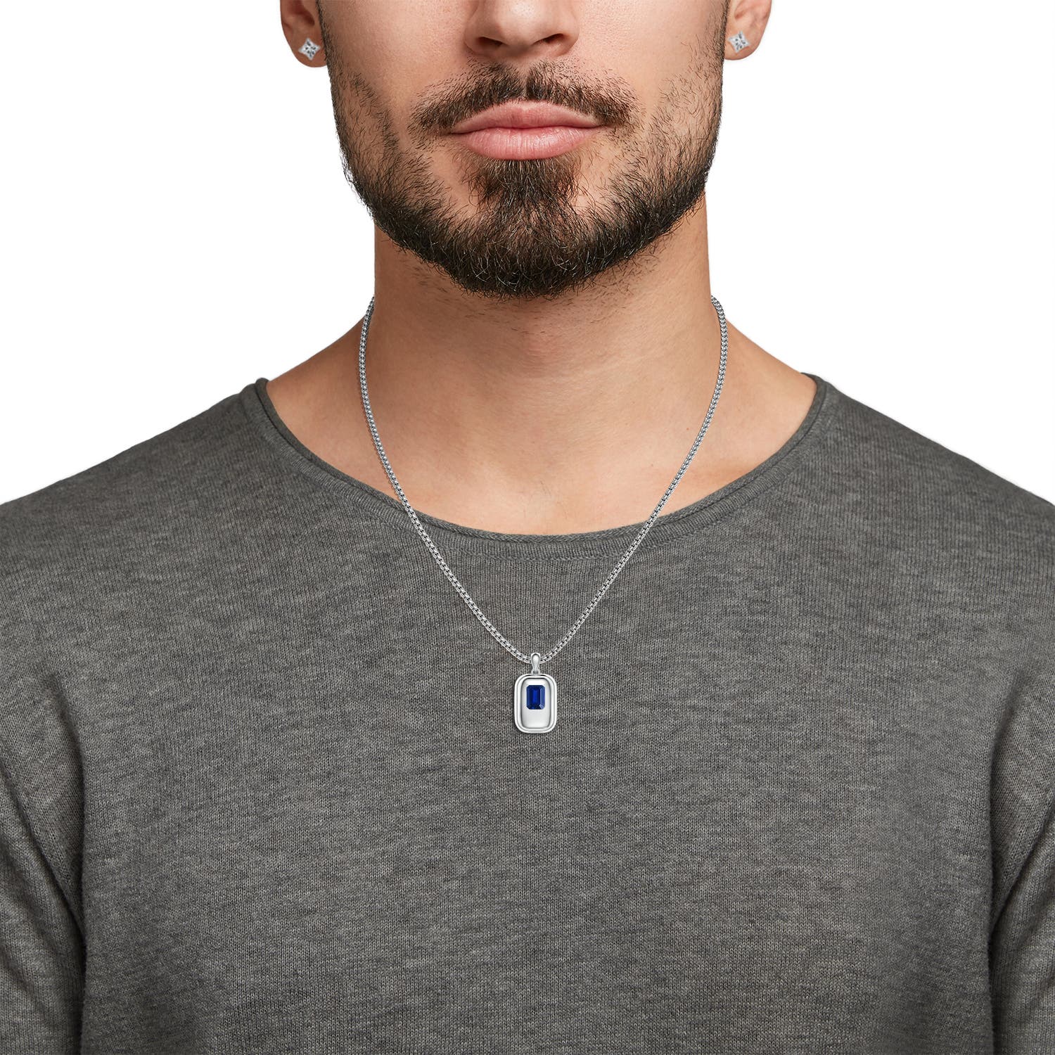 Emerald-Cut Lab-Grown Blue Sapphire Men's Tag Pendant