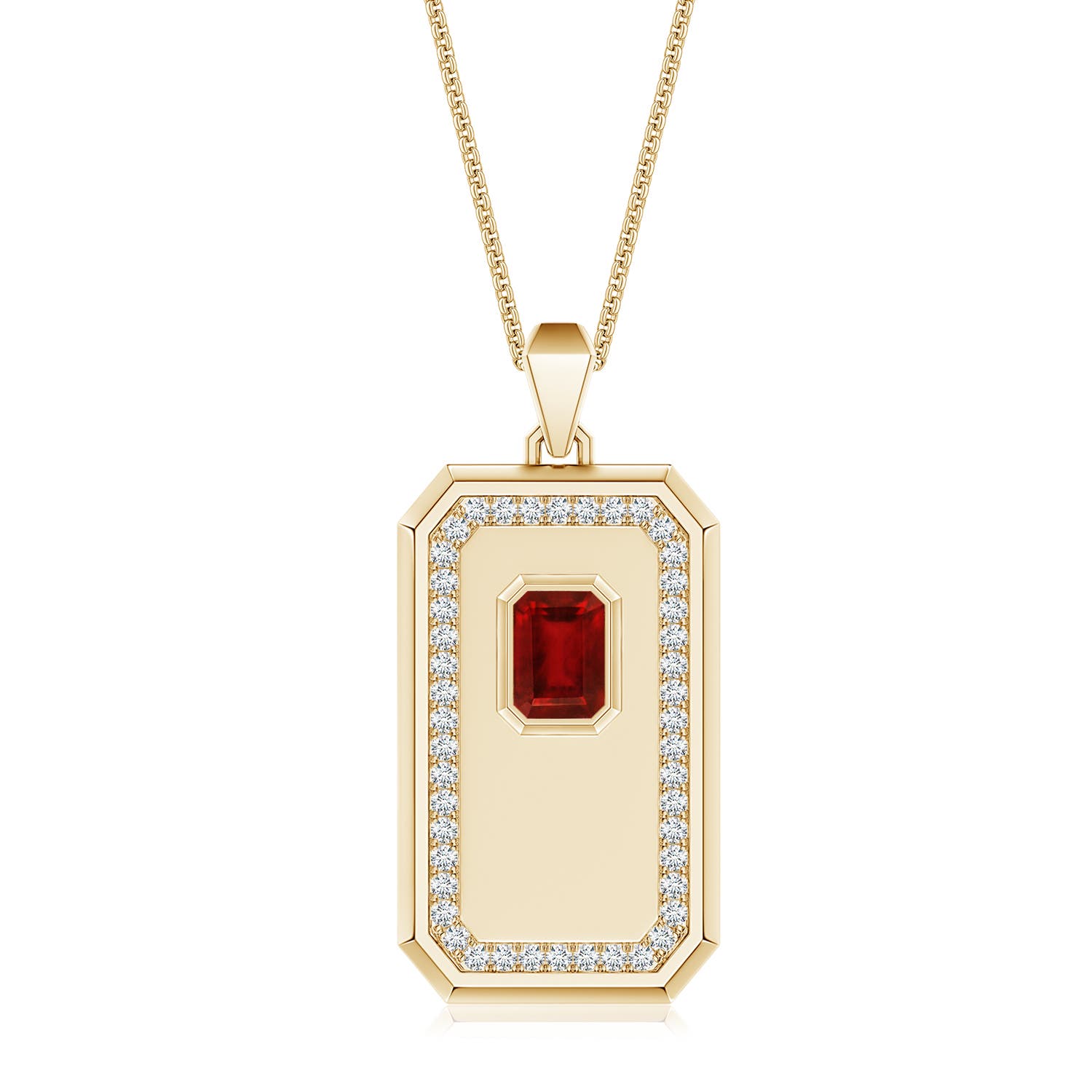 7x5mm Labgrown Emerald-Cut Lab-Grown Ruby Halo Men's Elongated Octagon Tag Pendant in Yellow Gold