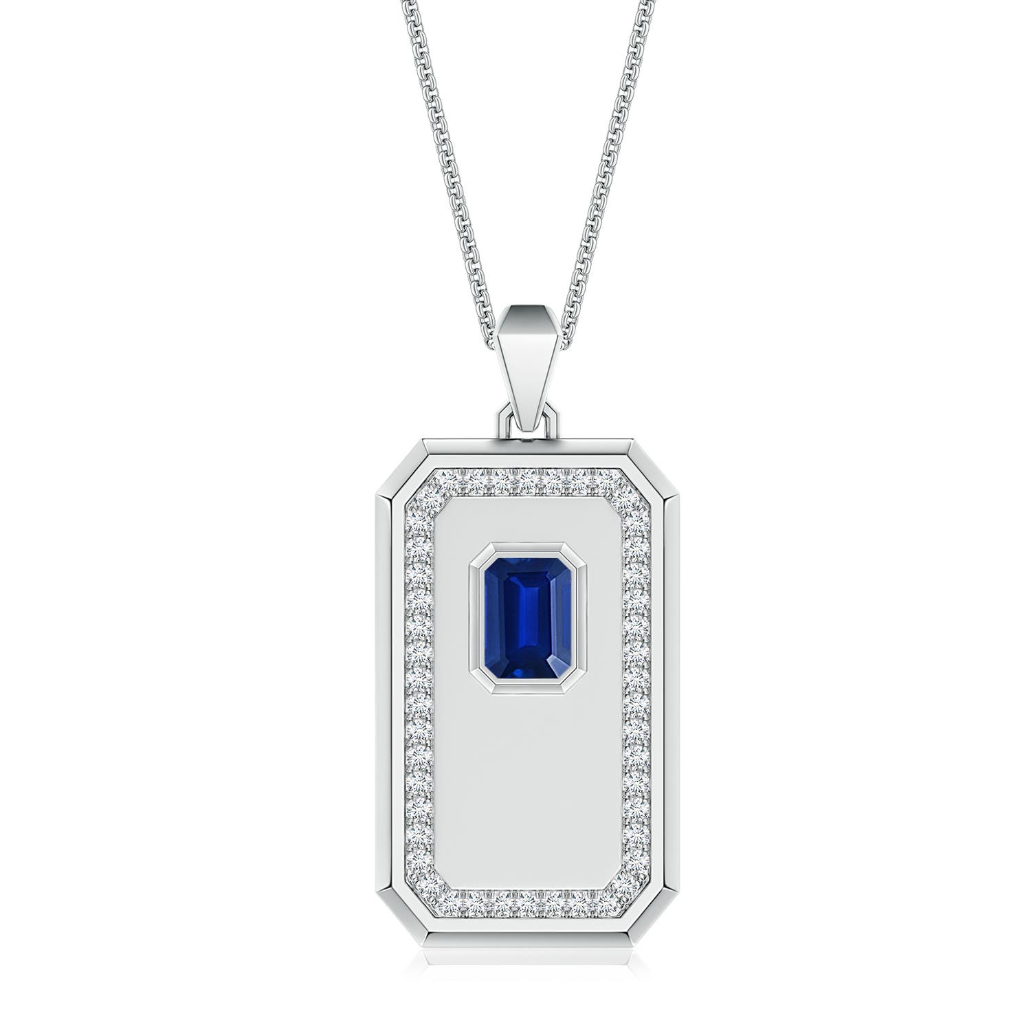 7x5mm Labgrown Emerald-Cut Lab-Grown Blue Sapphire Halo Men's Elongated Octagon Tag Pendant in White Gold