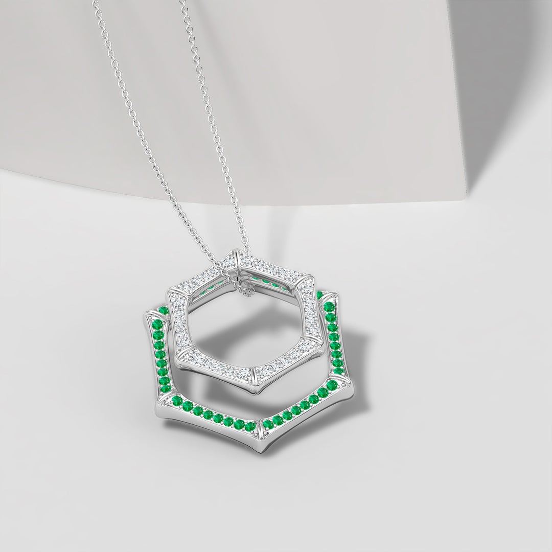 1.45mm IJI1I2 Natori x Angara Hexagonal Indochine Bamboo Multi-Wear Emerald Pendant in White Gold - lifestyle 4