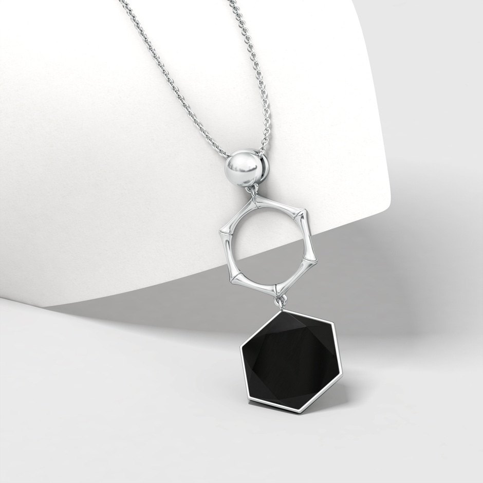 15mm AAA Natori x Angara Black Onyx Hexagon Stone Indochine Bamboo Pendant in S999 Silver side 2