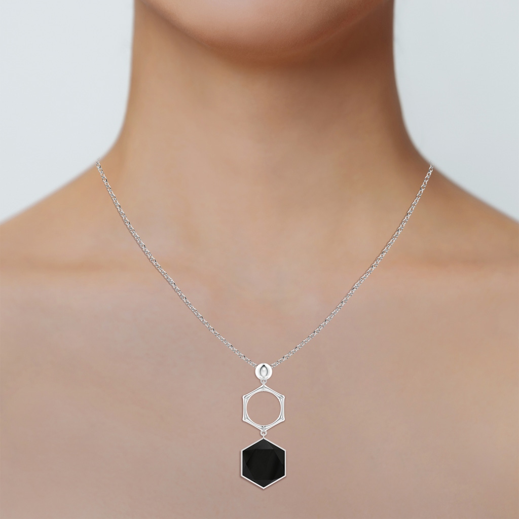 15mm AAA Natori x Angara Black Onyx Hexagon Stone Indochine Bamboo Pendant in White Gold - body_neck