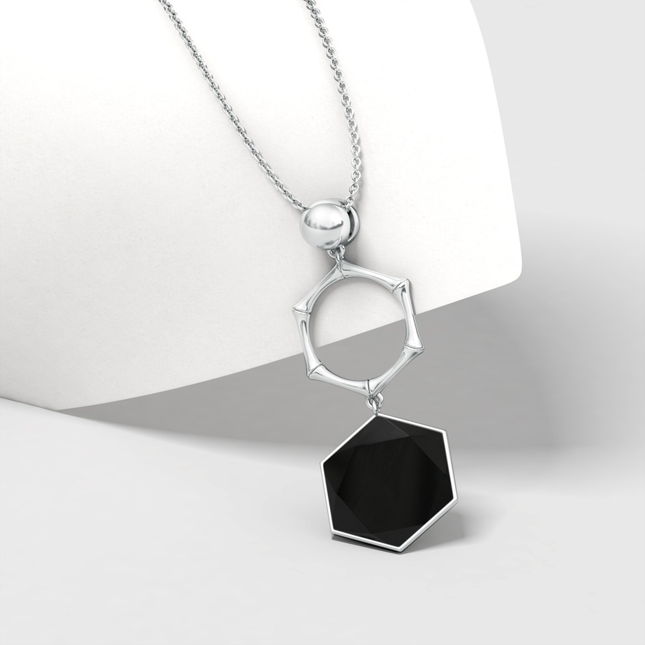 15mm AAA Natori x Angara Black Onyx Hexagon Stone Indochine Bamboo Pendant in White Gold side 2