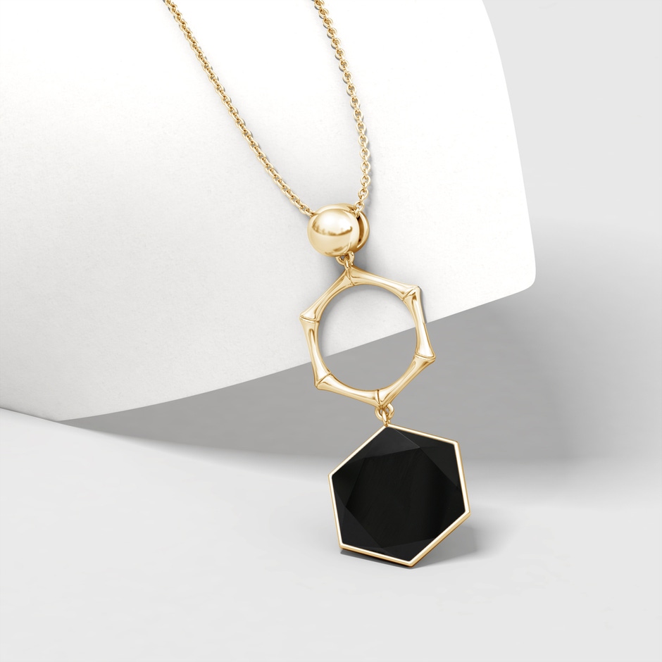 15mm AAA Natori x Angara Black Onyx Hexagon Stone Indochine Bamboo Pendant in Yellow Gold side 2