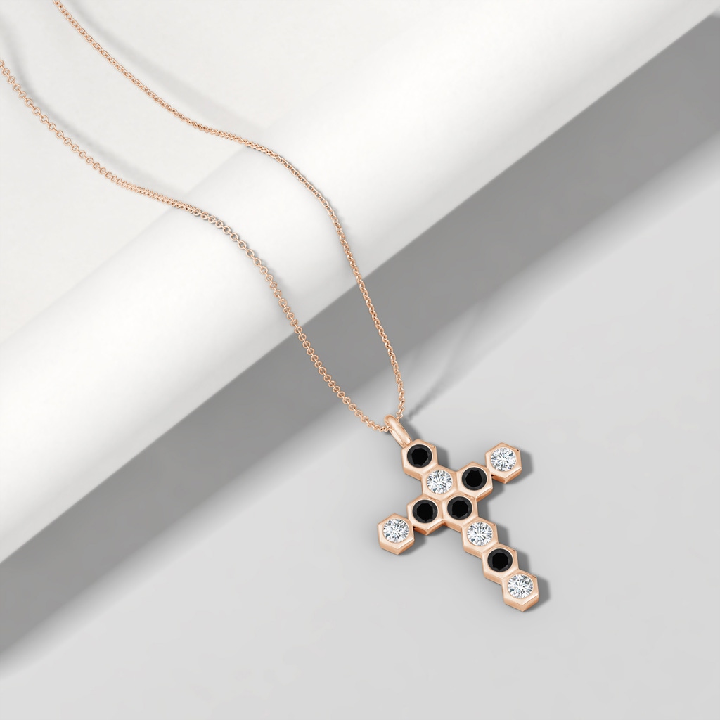 3mm AAA Natori x Angara Hexagonal Black Onyx and Diamond Cross Pendant in Rose Gold Lifestyle