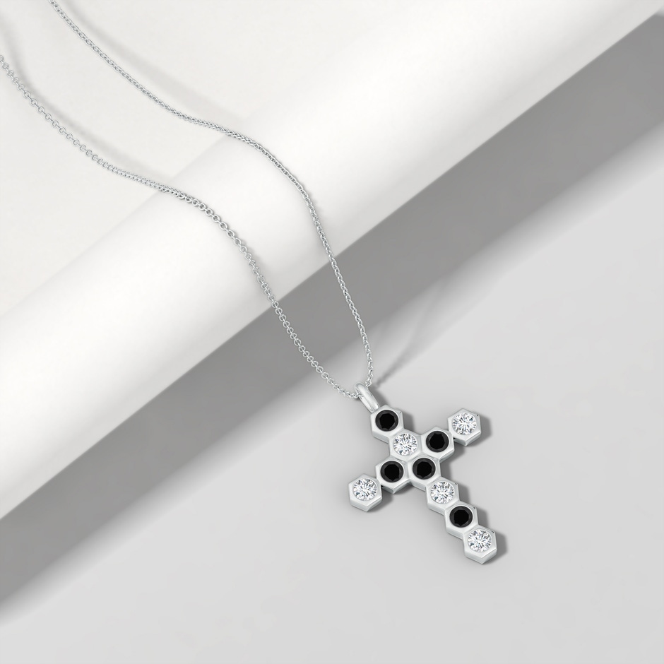 3mm AAA Natori x Angara Hexagonal Black Onyx and Diamond Cross Pendant in White Gold lifestyle