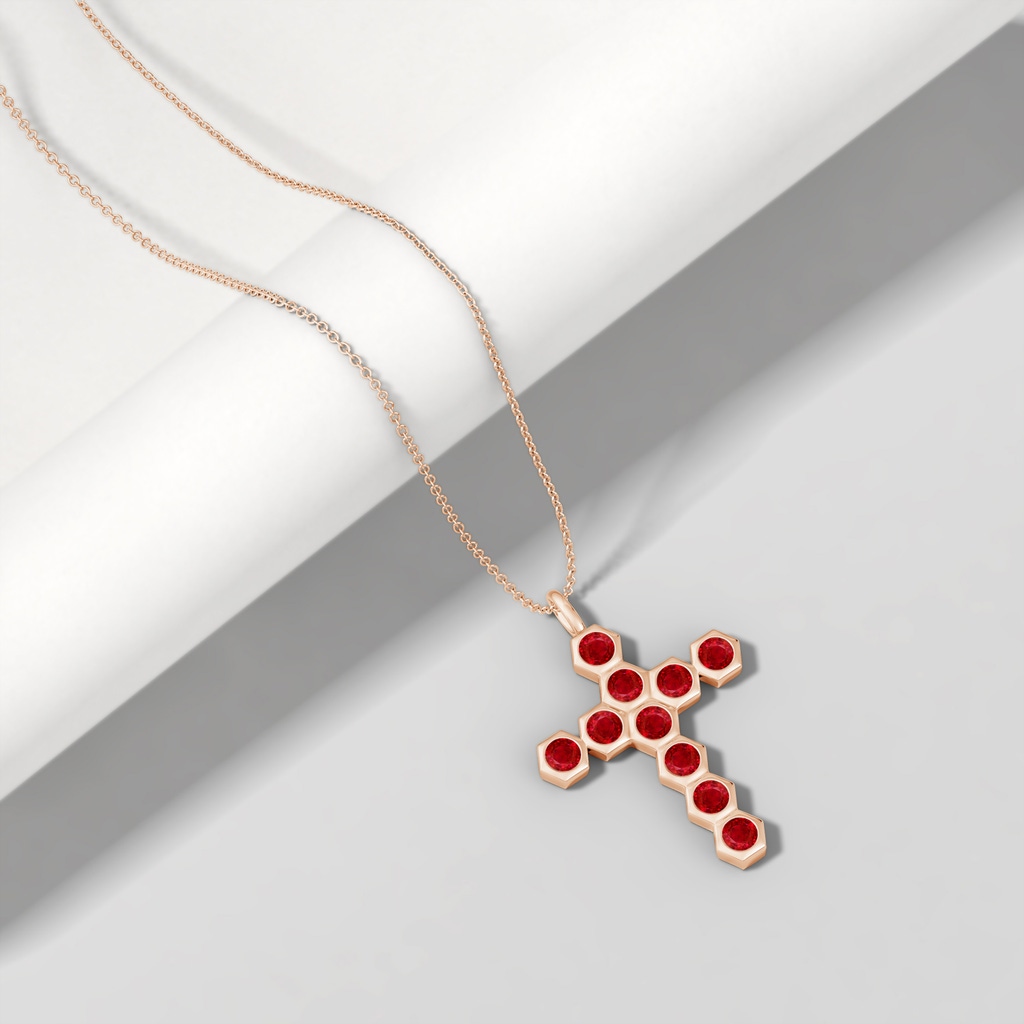 3mm AAA Natori x Angara Hexagonal Ruby Cross Pendant in Rose Gold Lifestyle