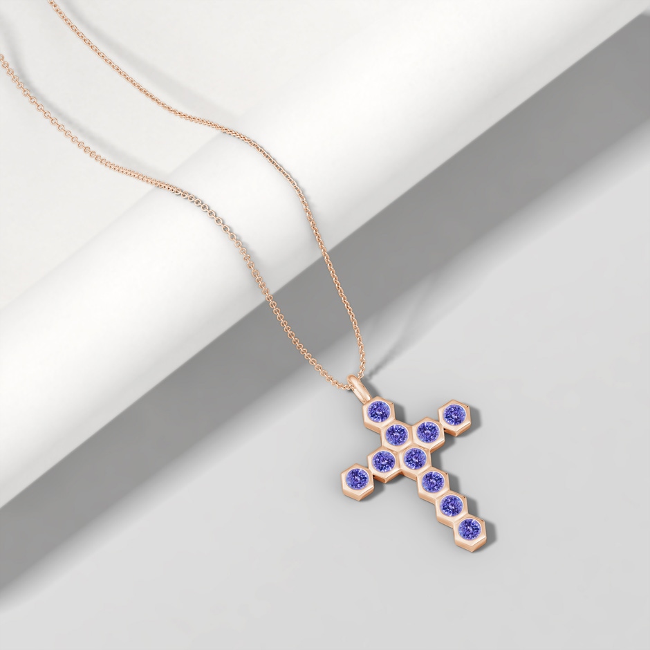 3mm AAA Natori x Angara Hexagonal Tanzanite Cross Pendant in Rose Gold lifestyle