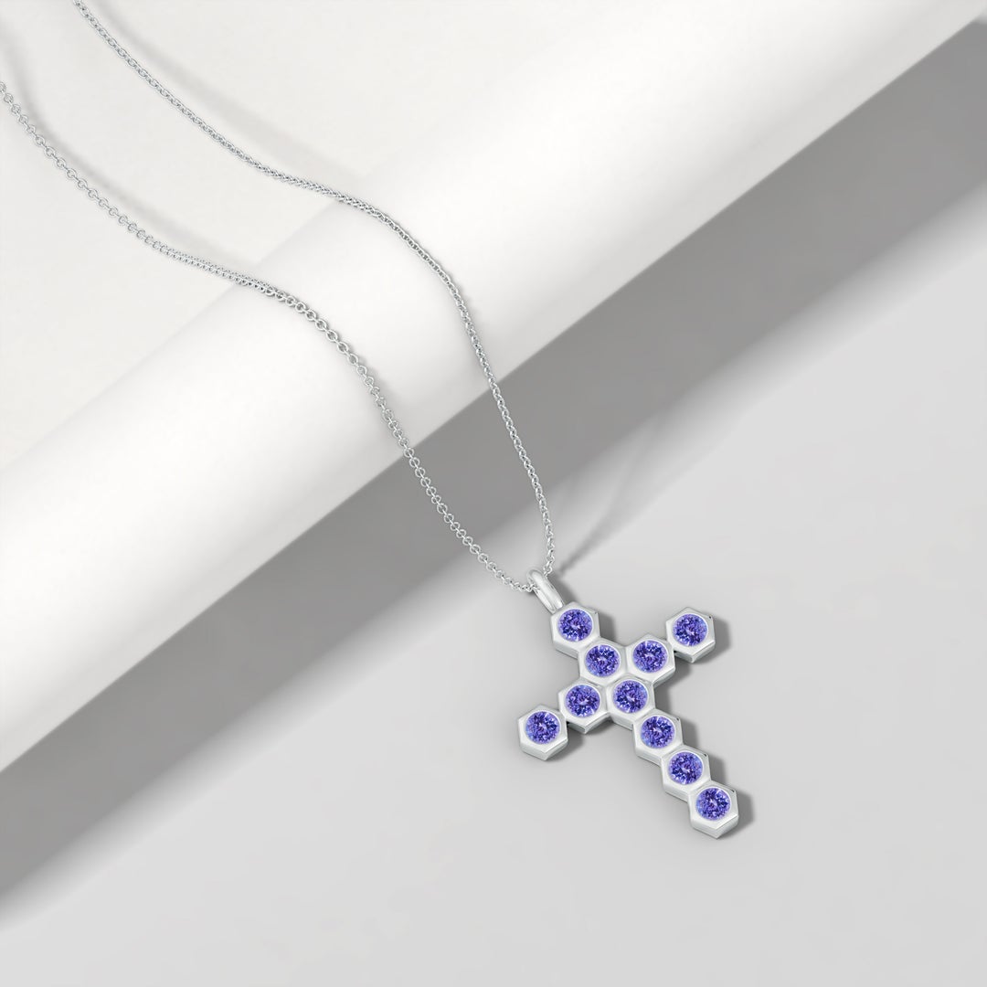 3mm AAA Natori x Angara Hexagonal Tanzanite Cross Pendant in White Gold - lifestyle 4