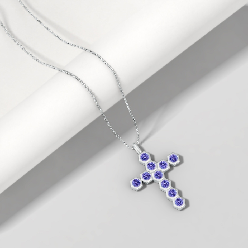 3mm AAA Natori x Angara Hexagonal Tanzanite Cross Pendant in White Gold lifestyle