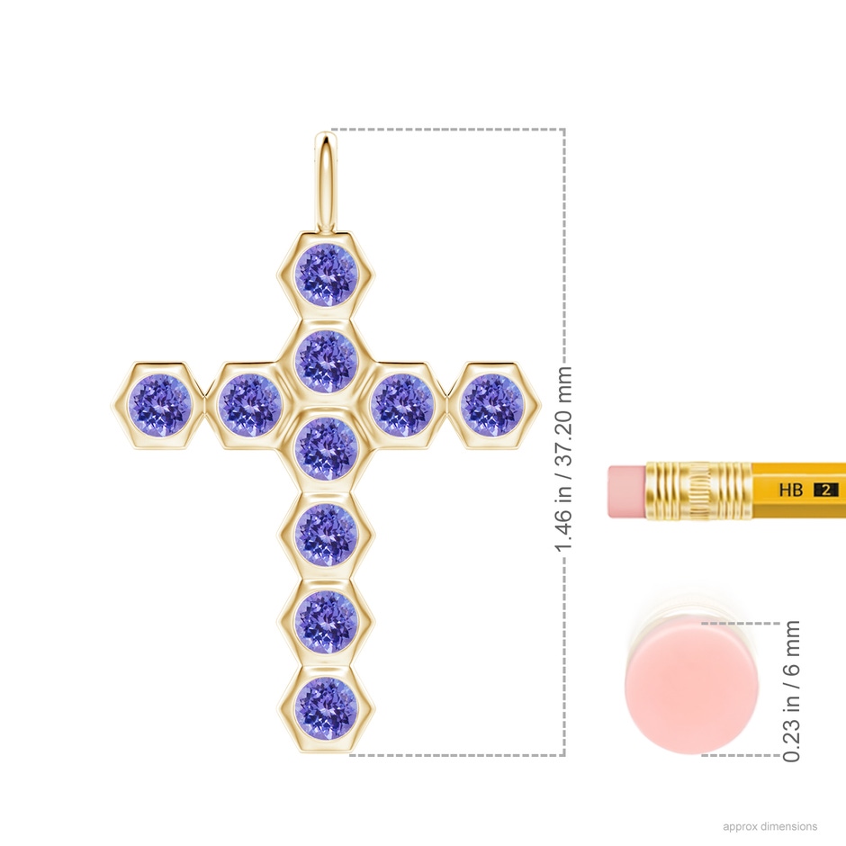 3mm AAA Natori x Angara Hexagonal Tanzanite Cross Pendant in Yellow Gold ruler