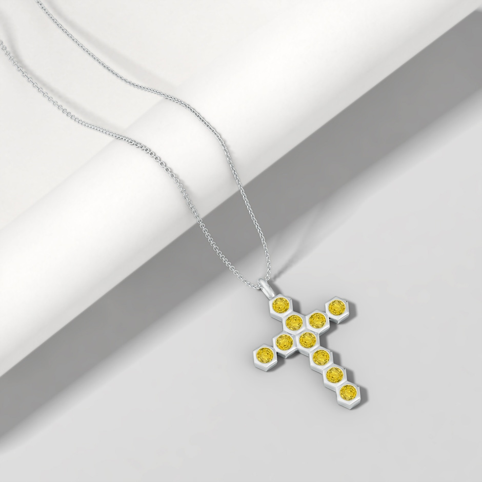 3mm AAA Natori x Angara Hexagonal Yellow Sapphire Cross Pendant in White Gold lifestyle